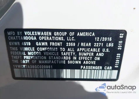 2016 Volkswagen Passat 1.8T Sel from USA, damaged, VIN 1VWCS7A38GC020981